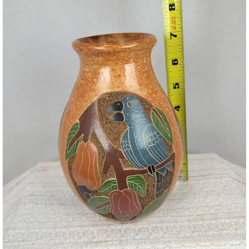 Costa Rica Folk Art Pottery Vase Hand Painted Carved Toucans & Parrots Pair 7